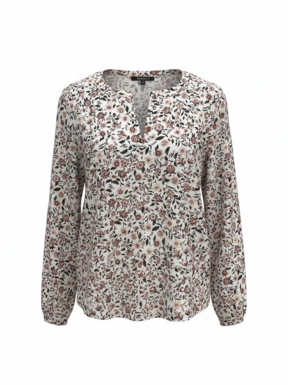 ANN TAYLOR - Long Gathered Sleeve Blouse with Split neck floral design - Size L